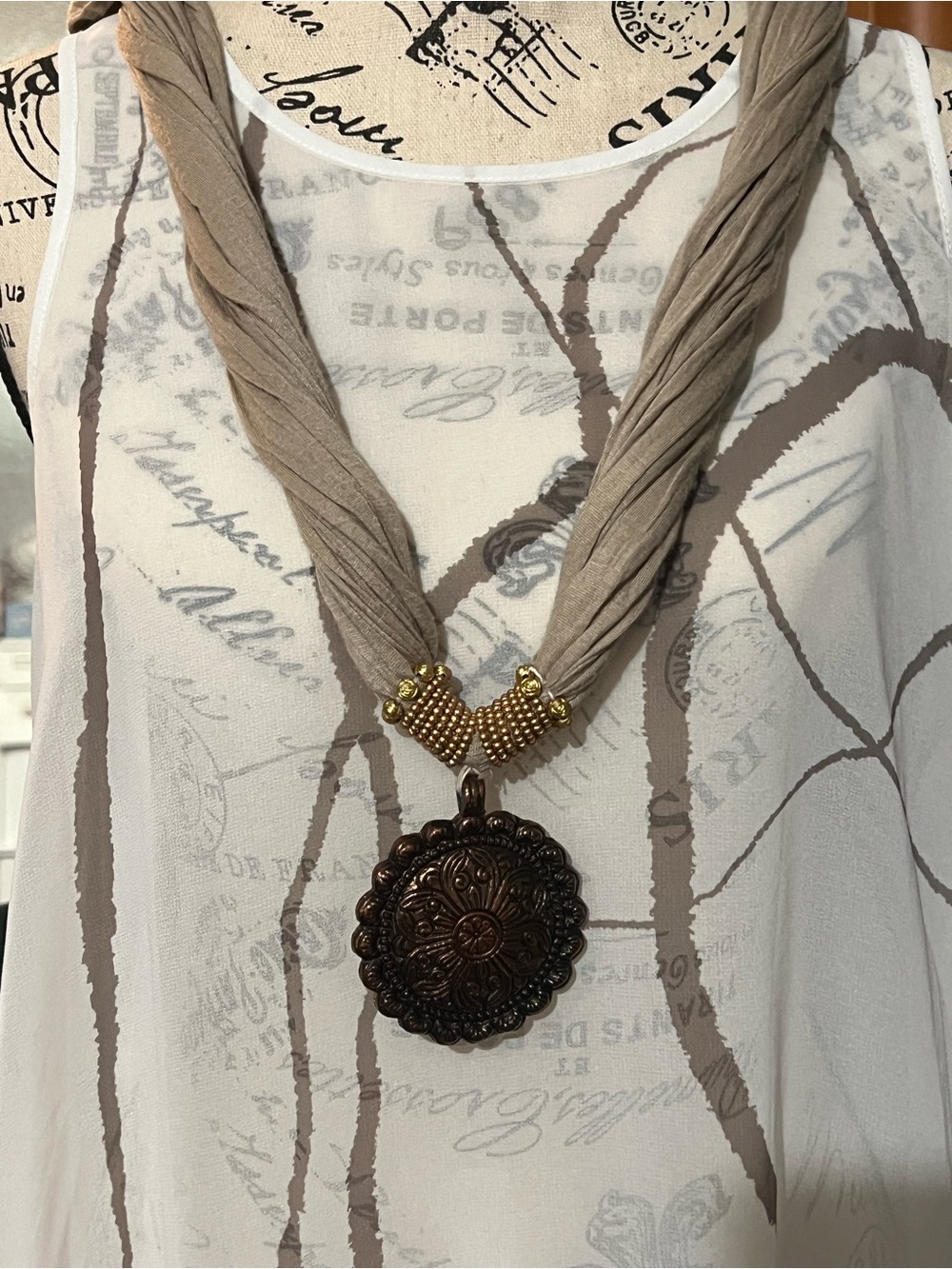 Beige Braided Fabric Necklace with Antique Bronze Pendant